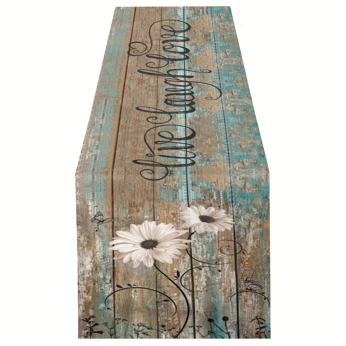 

1pc, Polyester Table Runner, Rustic Daisy Flower Vintage Sunflower Design, "live Laugh Love" Wood Board Print, Farmhouse Decorative Dresser Scarf, Ideal For Tabletop Dining & Kitchen Party Decor