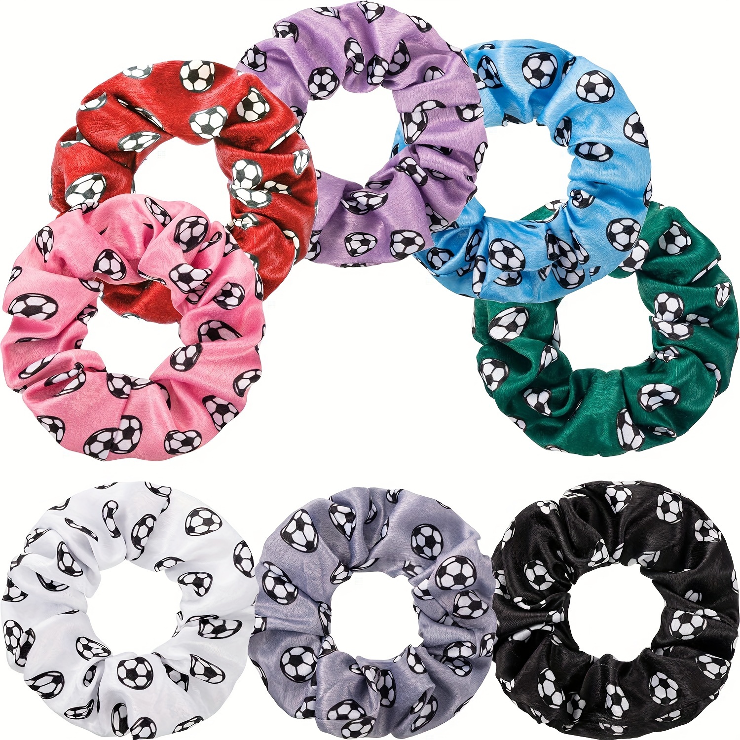 

8pcs Soccer-themed Hair Scrunchies For Girls & Women - , Ponytail Holders With Assorted Prints, &