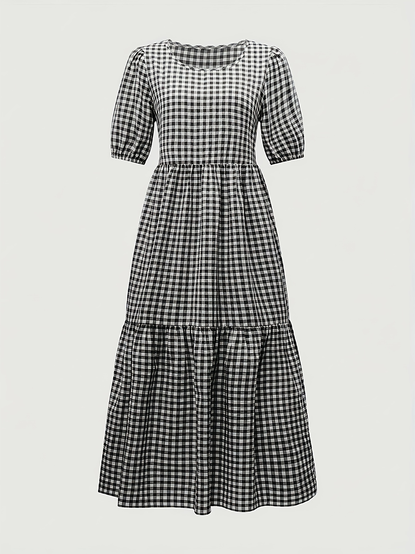 chinese dress ladies chouyatou Women Summer Gingham Loose Fit Cotton Linen Babydoll Dress Plaid  Tiered Midi Dress with Pockets (Small,Black) at Amazon Women's Clothing  store