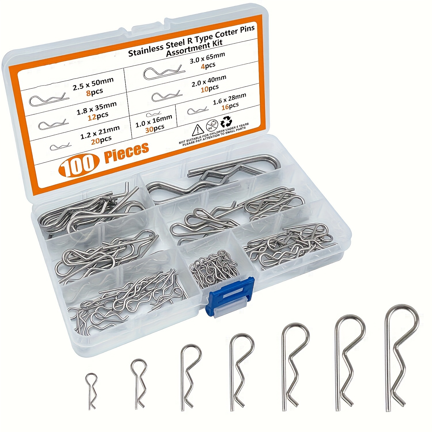

100-piece Stainless Steel Cotter Pin Assortment Kit - R-type Clips For Bolt Locking Systems, Metal Dowel Pin Fasteners, Durable & Easy Installation