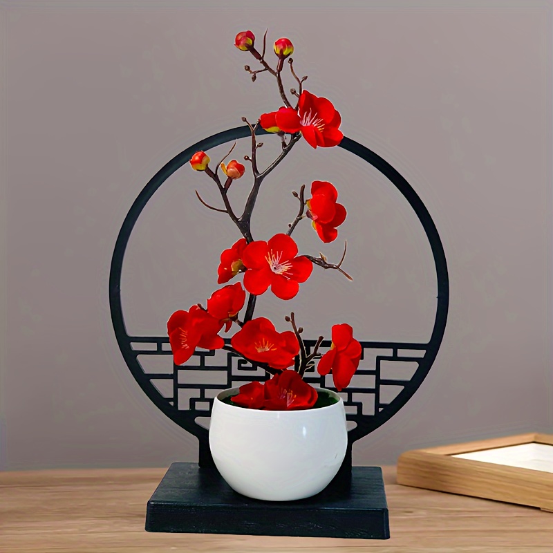 TEMU Elegant Chinese-inspired Artificial Plum   Bonsai Set With Screen Base - Decor, Includes Pot