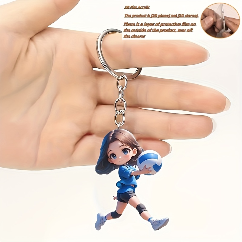 TEMU Portachiavi 2D piatto in acrilico con che a pallavolo - Design stile sportivo con uniforme blu e , regalo , ciondolo per o borsetta | Divertente