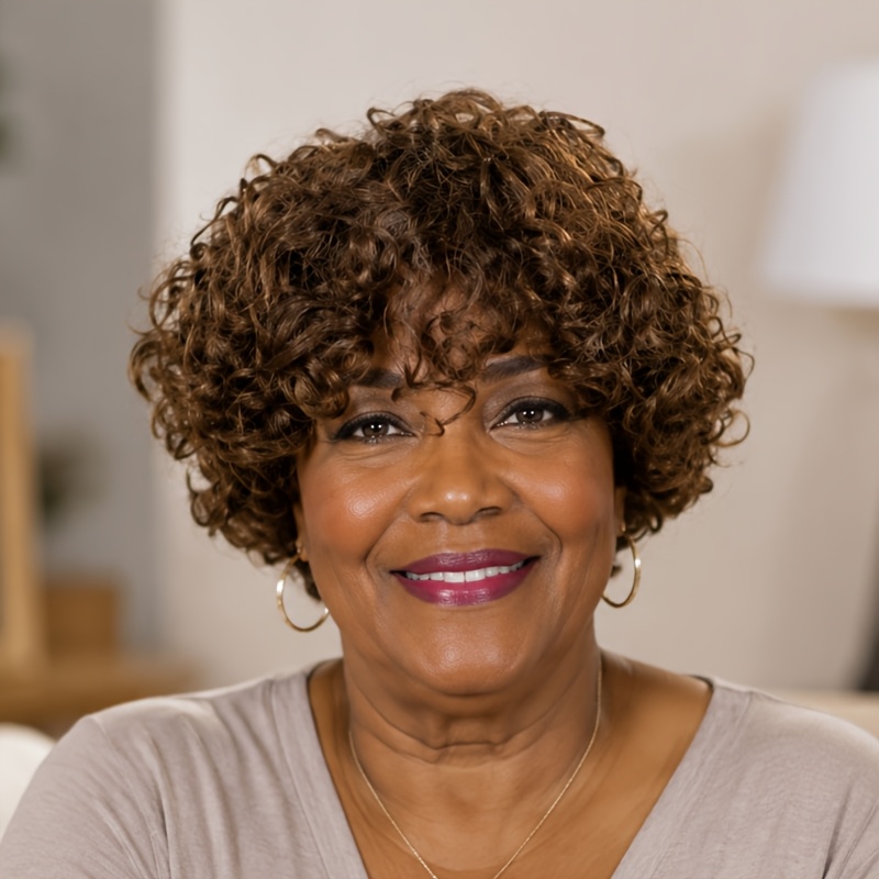 Image of Cut Wig 100%human Hair Wig Brown Short Hair Wig Curly Wig With Bangs Wigs For Women Stylish Design Mechanical Manufacturing Suitable For All People