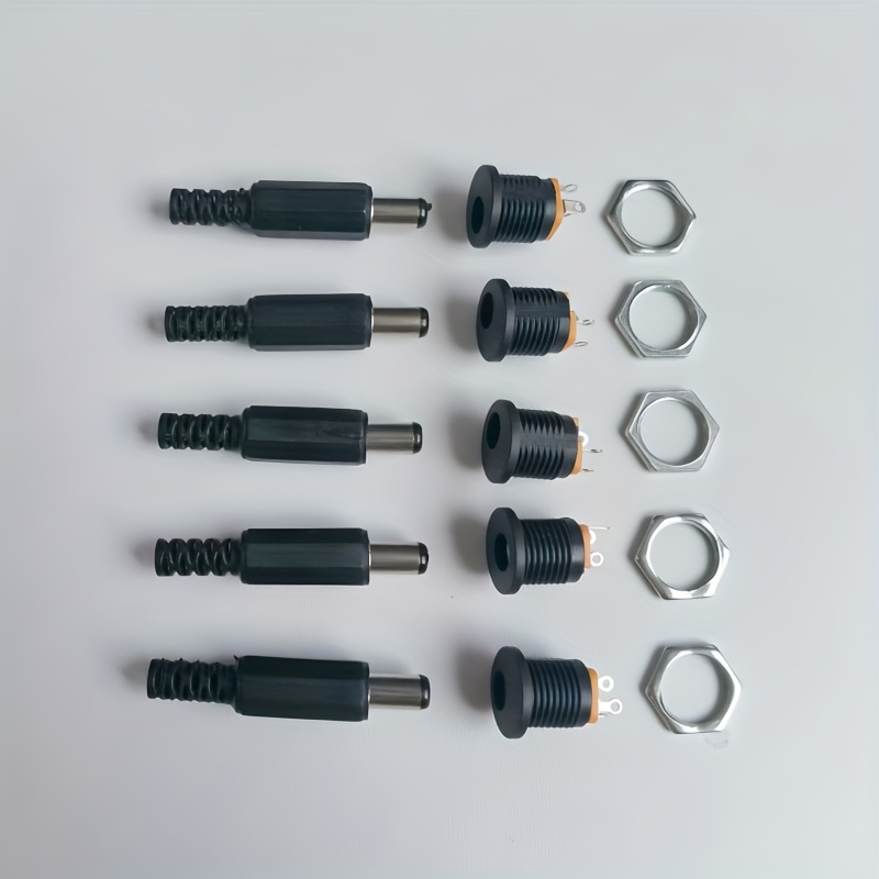 TEMU 10pcs (5 Pairs) Dc12v 5.5 X 2.1mm Plastic Male Plugs Power Socket Female Jack Screw Nut Panel