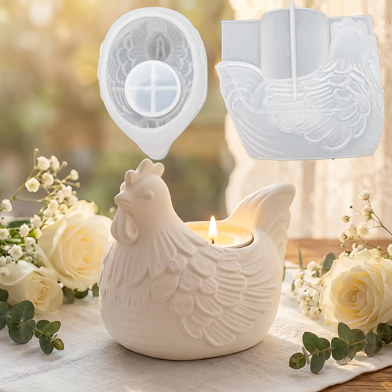 TEMU 1 moule à bougeoir de poule, moule en silicone de résine, adapté à la fabrication de bougeoirs, d'ornements en , de décorations en résine à
