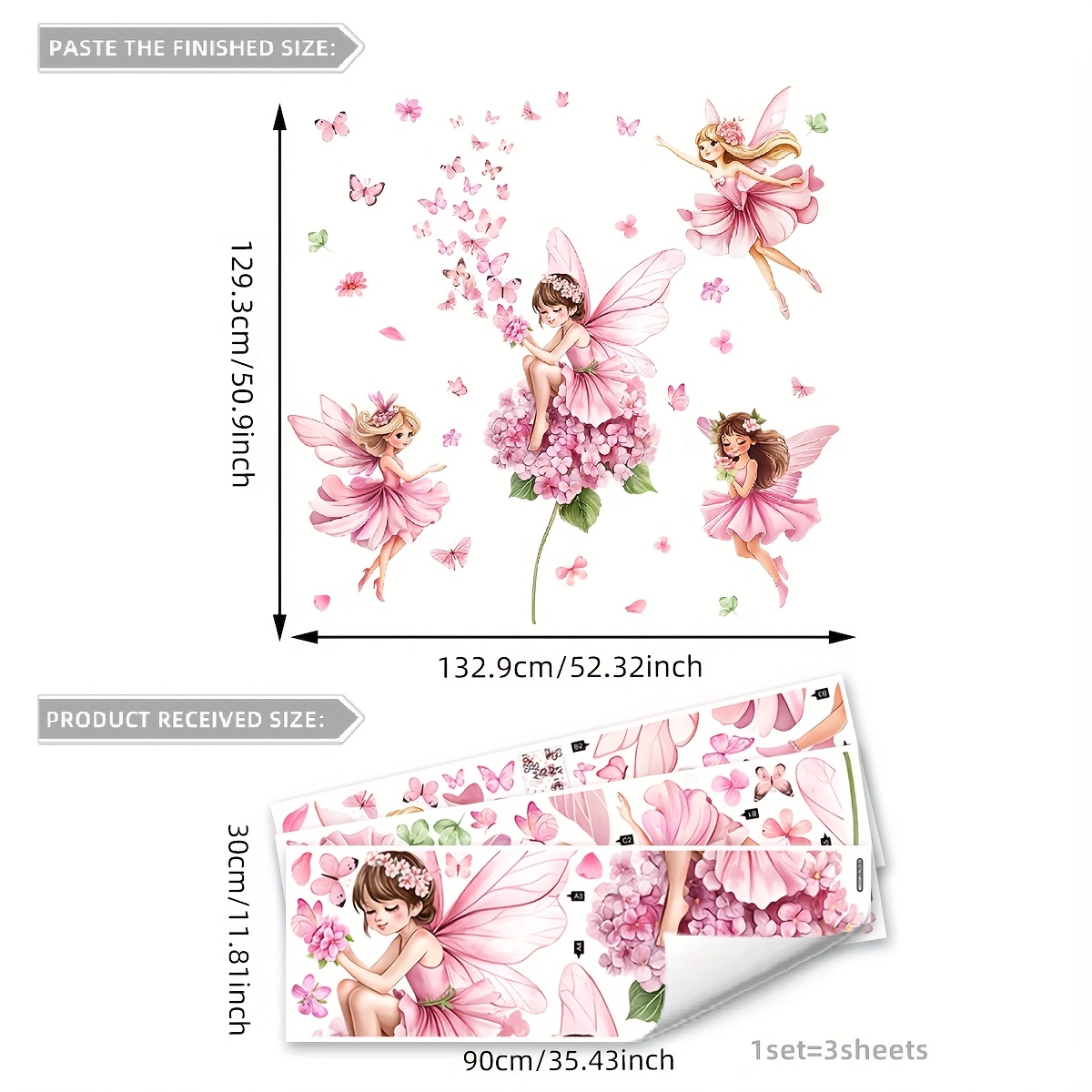 Image of A Set Of 3 Sheets (30*90cm*3pcs) Pink Elf Flower Wall Stickers Living Room Bedroom Home Background Decoration Stickers Self-adhesive Ms3301-yl
