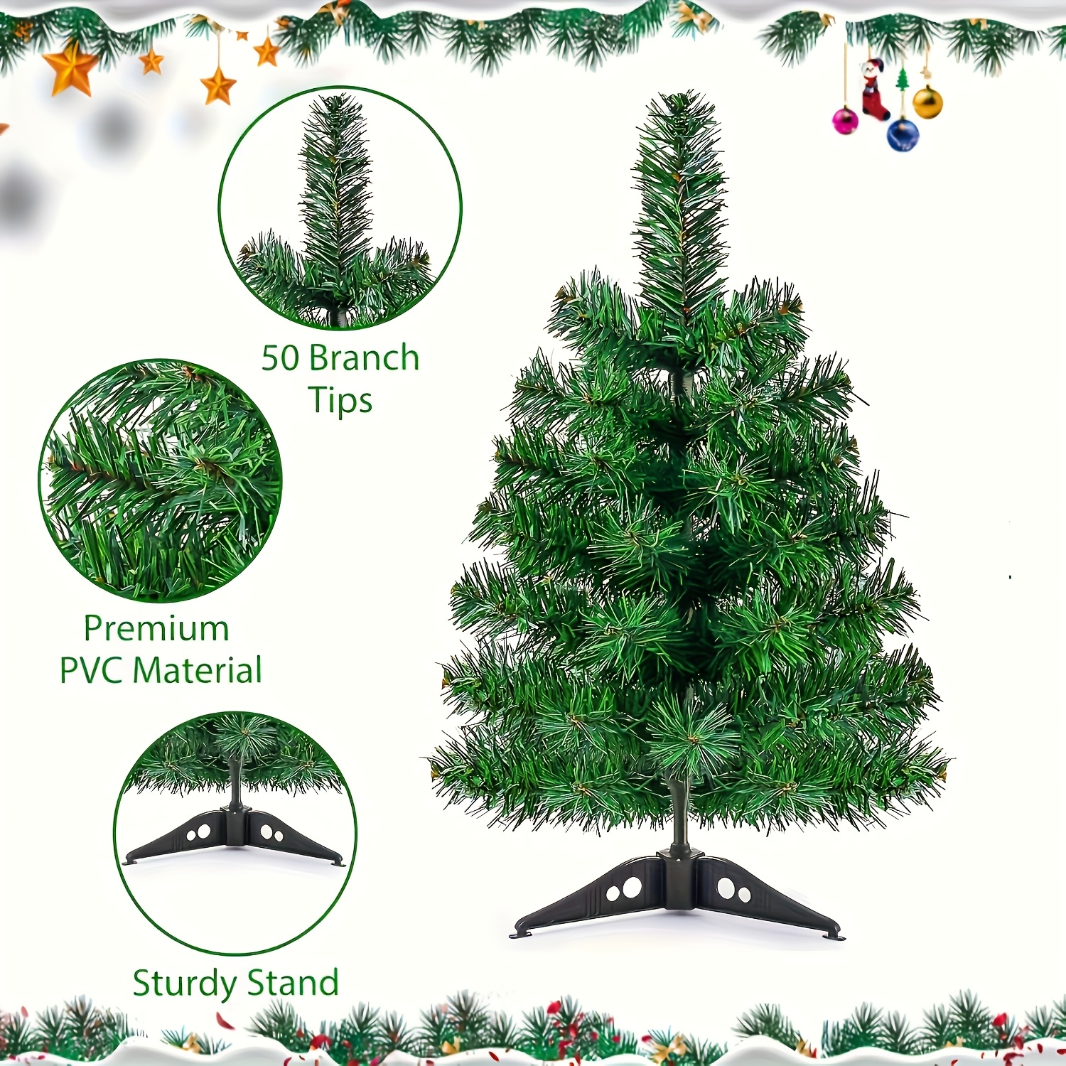 TEMU 90/60cm Elegant Artificial Christmas Tree With Emerald Green Branches And Sturdy Base, Suitable For Home, Hotel, And Office—multi-functional
