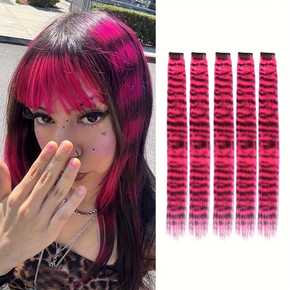 TEMU 5pcs Invisible Hair Clip-in Extensions, Colorful Synthetic Striped Clip-in Hair Extensions, Heat-resistant Synthetic Hair Extensions, Natural