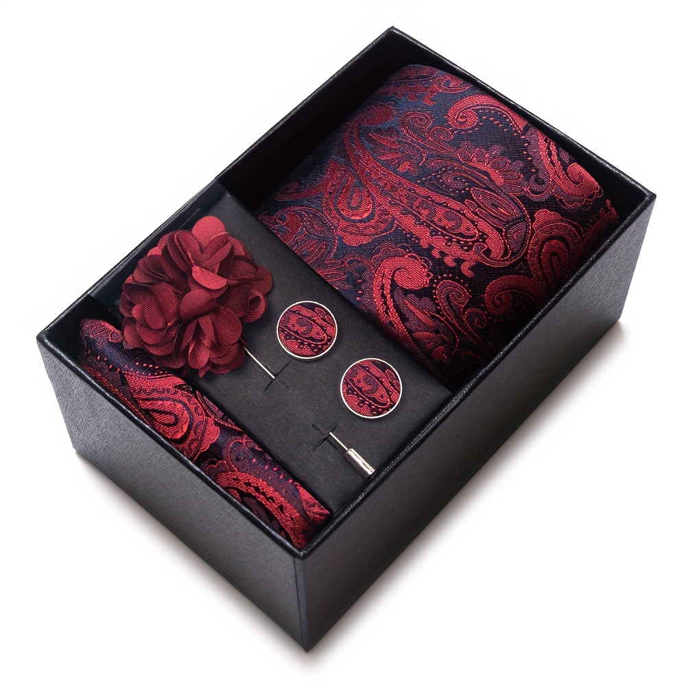 

Elegant Men's Paisley Tie Set With Pocket Square, Cufflinks & Brooch - Perfect Gift For Him