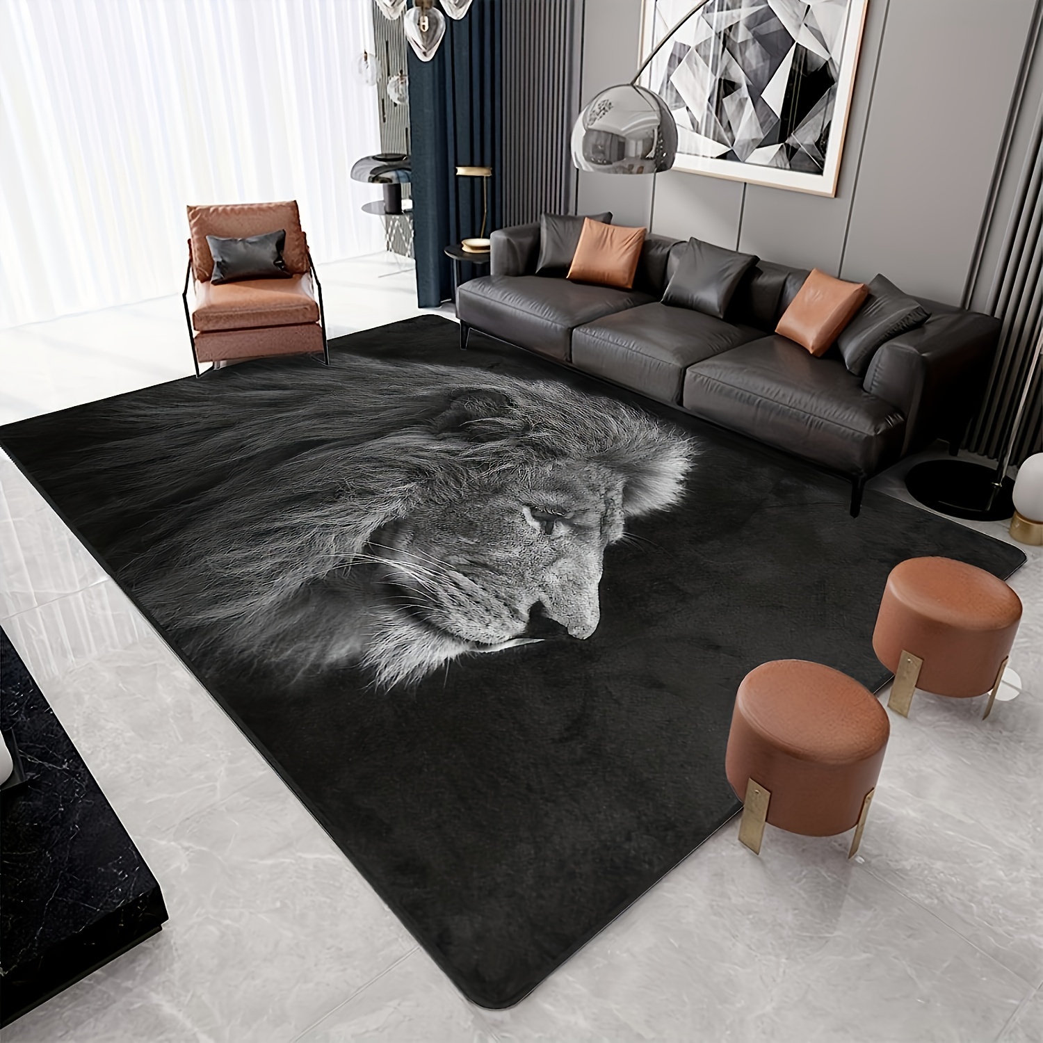 

Luxurious Lion Print Flannel Area Rug - 1pc, Non-slip & Stain Resistant, Machine Washable For Living Room And Bedroom Decor