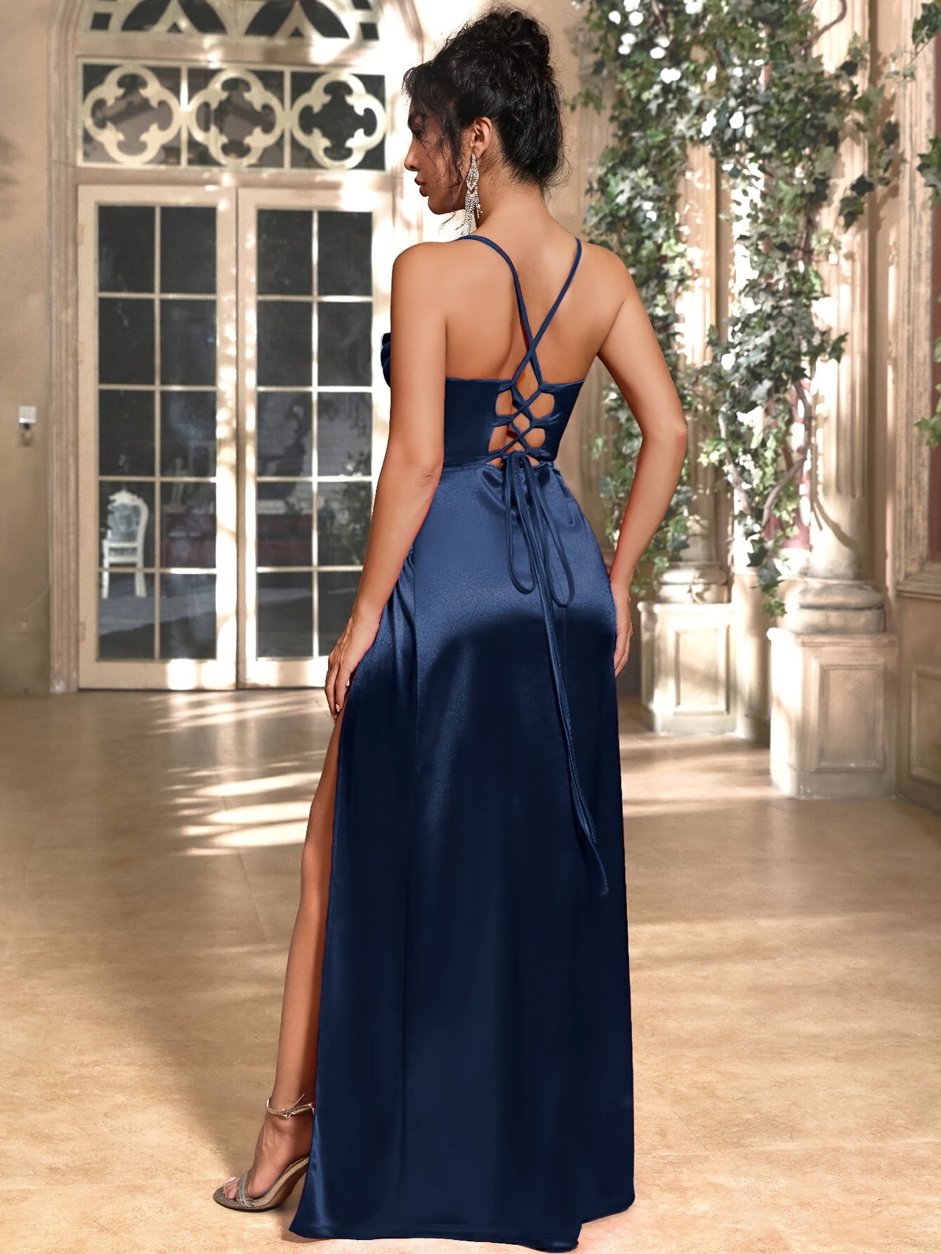 elegant navy satin slip dress details back tie side