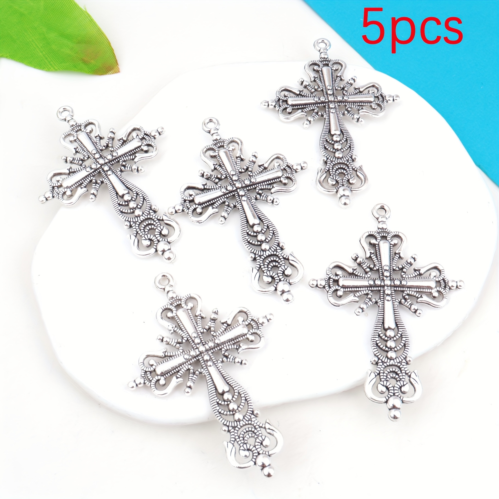 Image of 5pcs Hollow Lace Cross Pendant In Golden/classic Silvery/bronze Alloy, Creative, Fashionable, And Elegant Necklace Charm/bag/clothing/car Decoration Accessory, Easter Making, 4.2*6.2cm