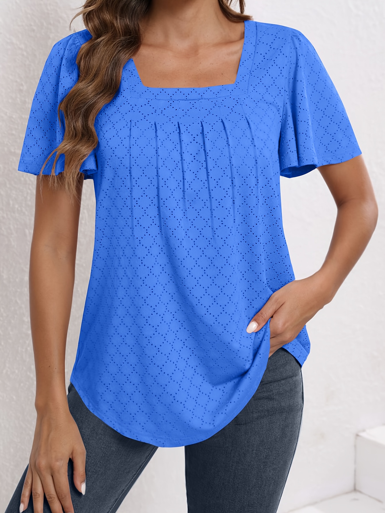 Plus Size Women'S Square Neck Ruffle Sleeve Top - Breathable Eyelet Cut-Out Fabric, Unique Chest Pleat Design, Elegant Fashion for Spring Summer Fall, Formal & Casual Wear, Casual Wear Top | Pleated Detail Top | Stretchy Fabric Top, Ladies T Shirts