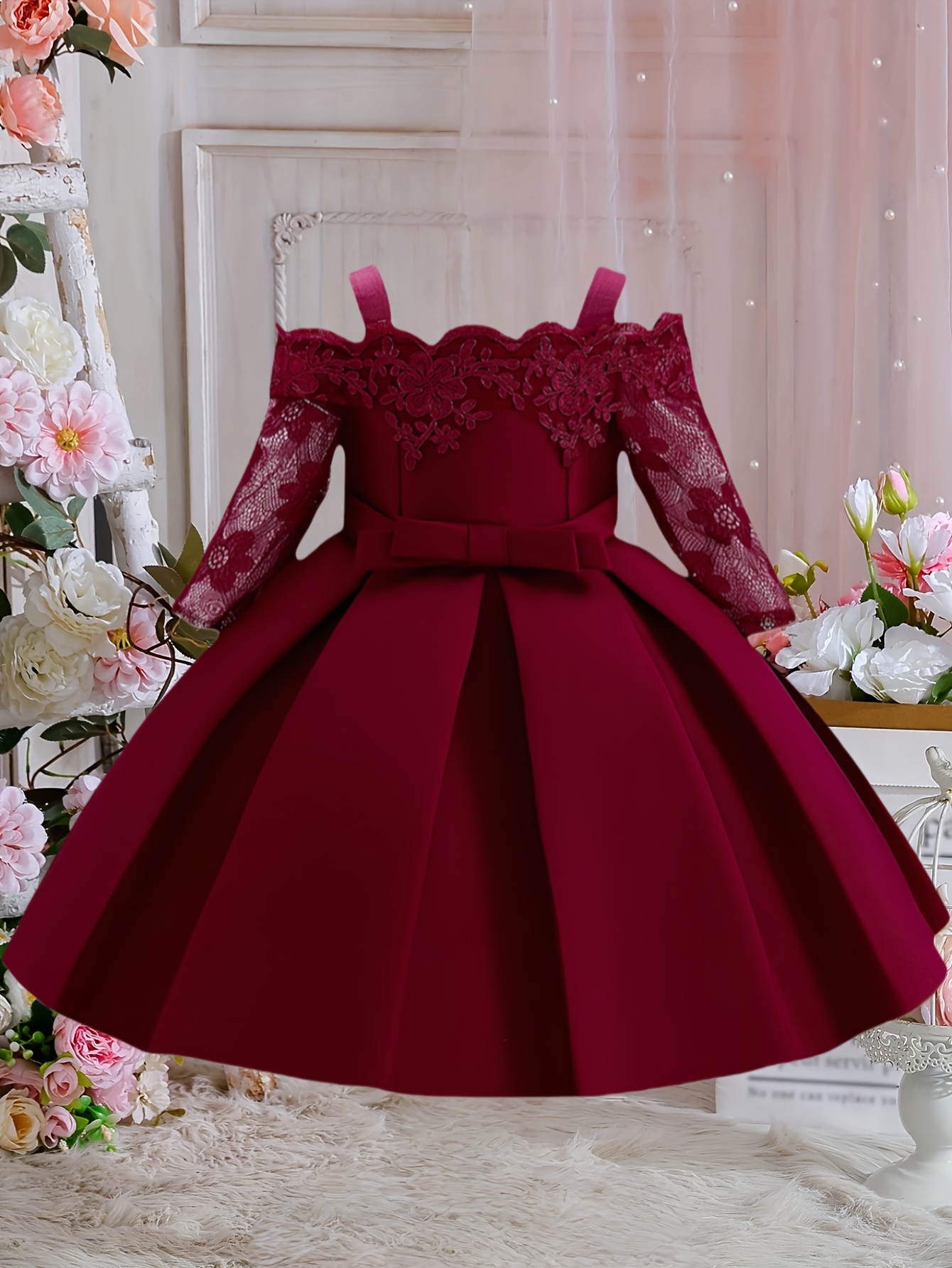 Random Print Girls' Party Dress *'s First Birthday Outfit, Children's  Waist-Cinched Puff Dress