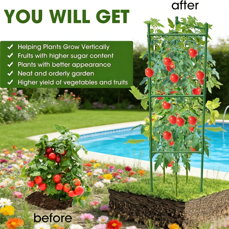 a set of 6 sturdy metal plant supports suitable for garden plants featuring durable 8mm thick rust proof core material the   size provides   for tomatoes   grapes and vine plants easy to assemble