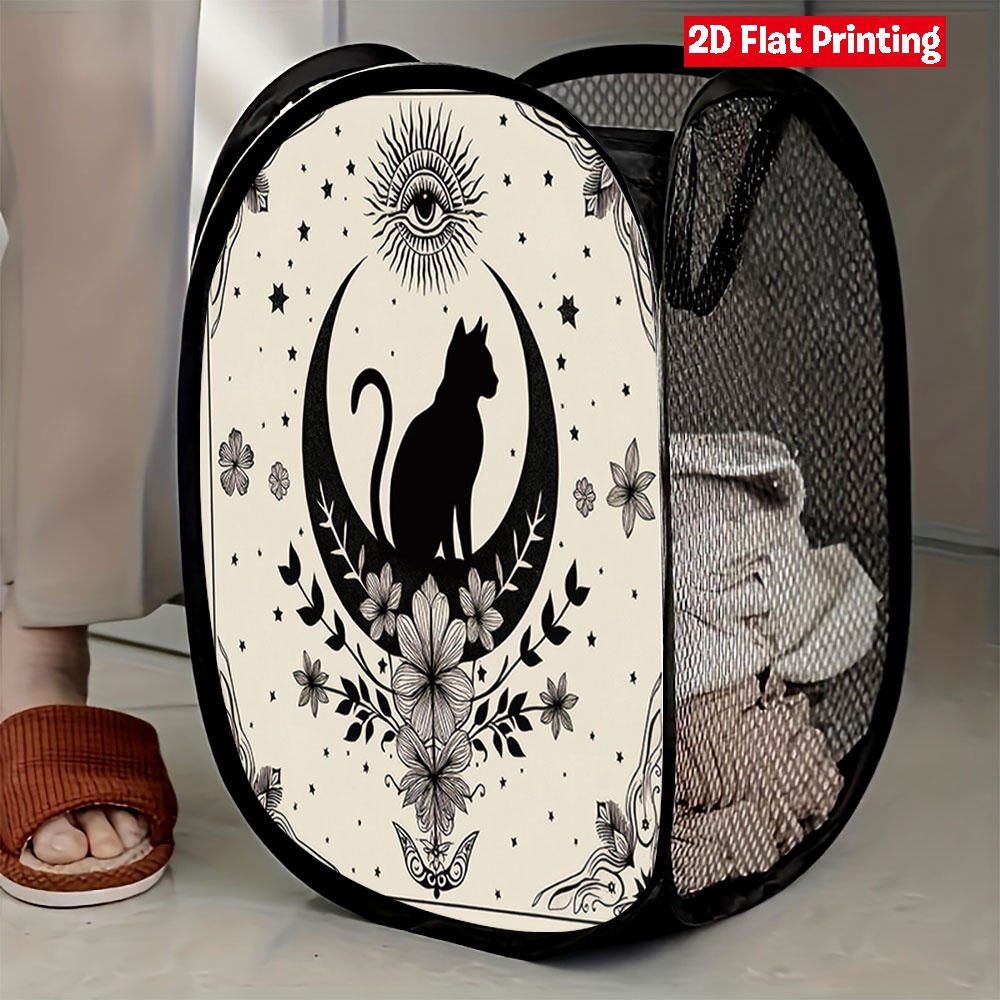 TEMU 1pc Panier à linge pop-up avec panneau en chat et floral - Rangement extensible à compartiments multiples, de place pour salon, chambre - Panier