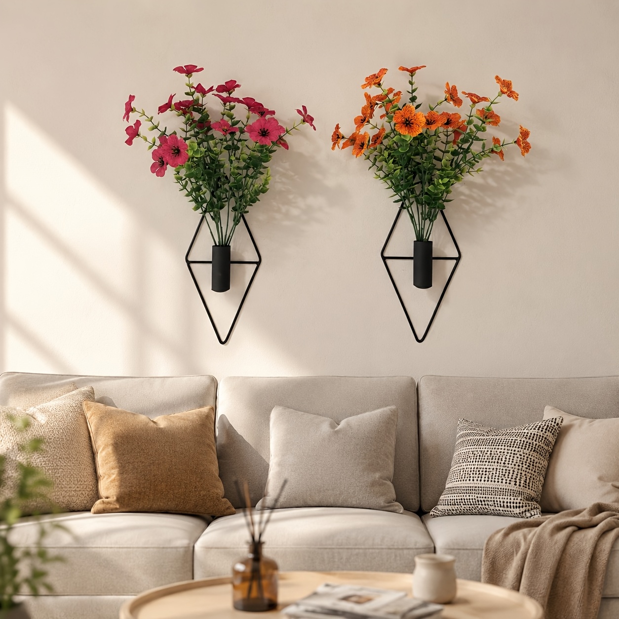 TEMU 2pcs Wall Decor Hanging Planter, Geometric Diamond Iron Art Design, With Artificial Plant Wall Hanging Vase, Suitable For Living Room Wall