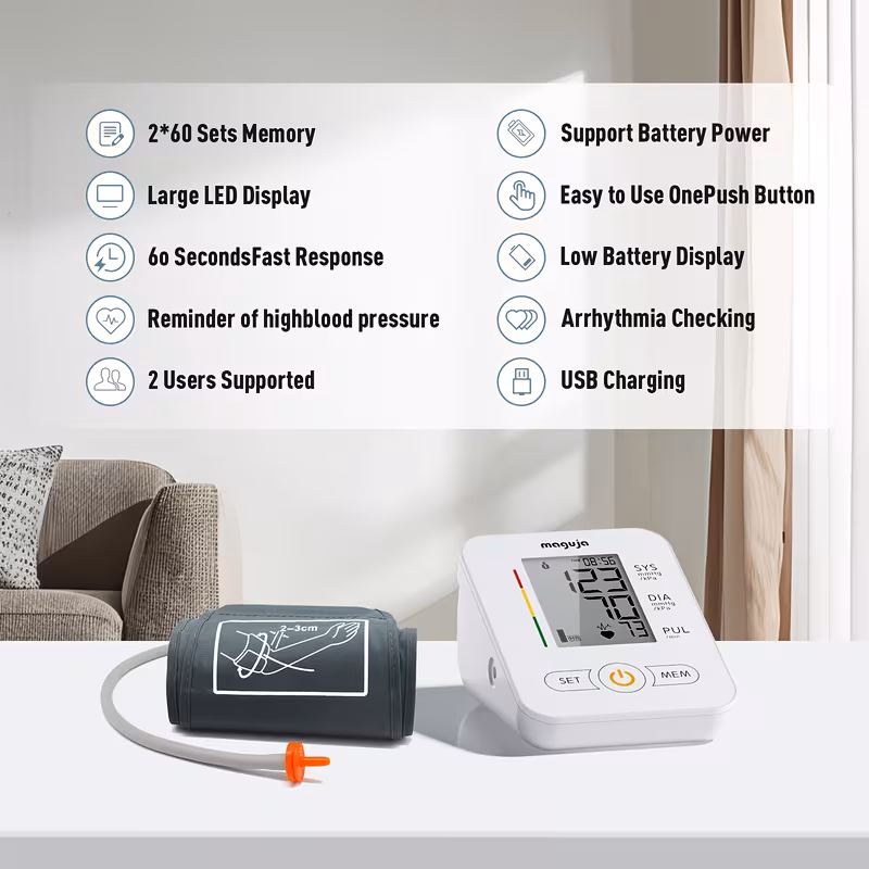 2 in 1 device for measuring blood pressure and forehead temperature featuring an automatic upper arm blood pressure monitor with a memory capacity of 2 60 readings an adjustable cuff size ranging from 8 66 to 16 54 inches Product details 5