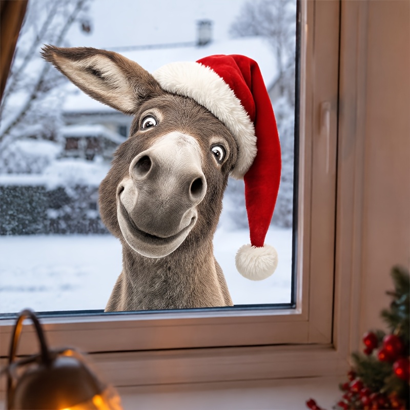 TEMU 1pc 2d Flat Fun Peeking Donkey Christmas Window Sticker, Plush Red Santa Hat Realistic Cartoon Mule Print, Double-sided Removable Static Window
