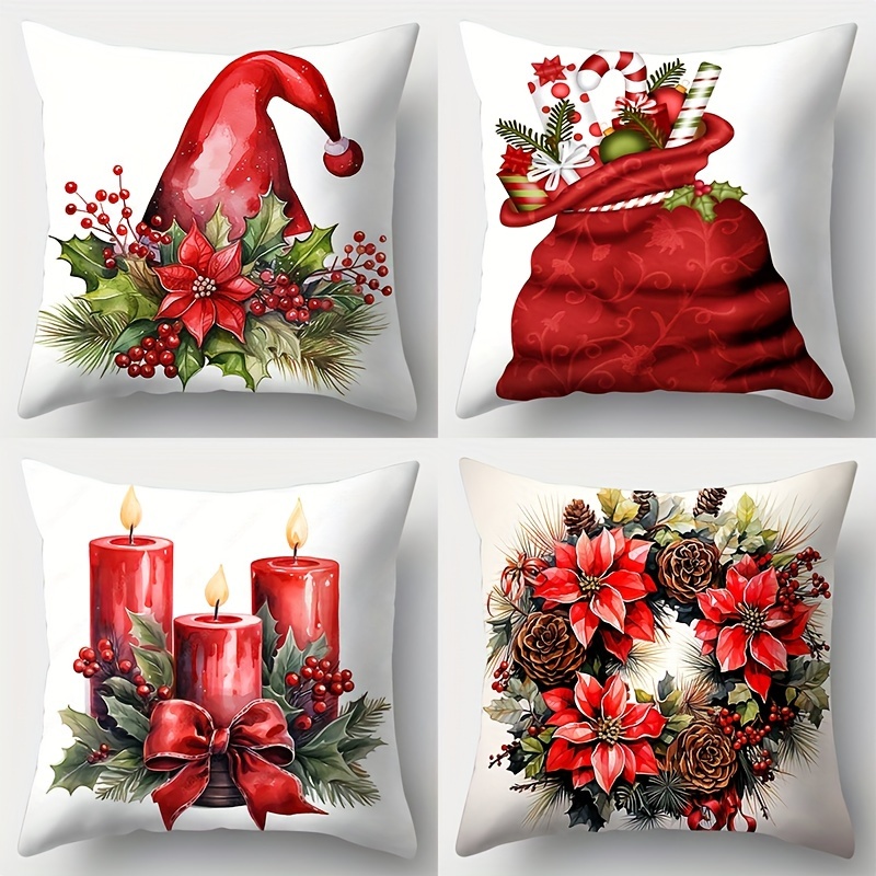 

Christmas Throw Pillow Covers Set Of 4, Contemporary Style Zippered Pillowcases 17"x17", Festive Santa Hat, Gift Bag, Candles, Wreath Designs, Hand Washable, 100% Polyester, Living Room Decor