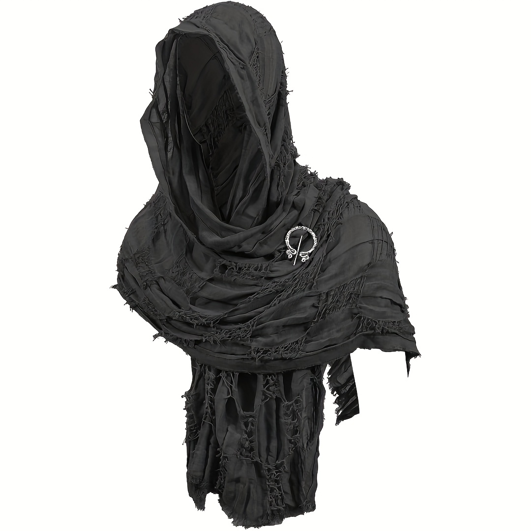 Image of 2pcs Post-apocalyptic Distressed Scarf Shawl And Brooch Set, Medieval Renaissance Viking Style Faded Cloak, Halloween Costume Accessory