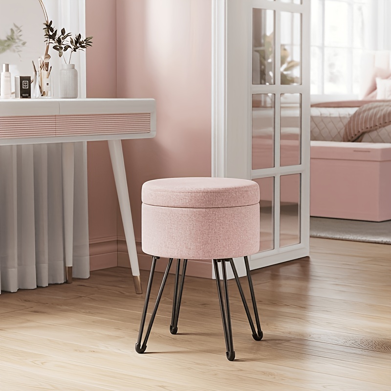 TEMU Tabouret de Coiffeuse, Chaise de Coiffeuse, Petit Pouf Tabouret avec Rangement, en Métal, pour Salle de Maquillage, pour Salon, Chambre, Rose