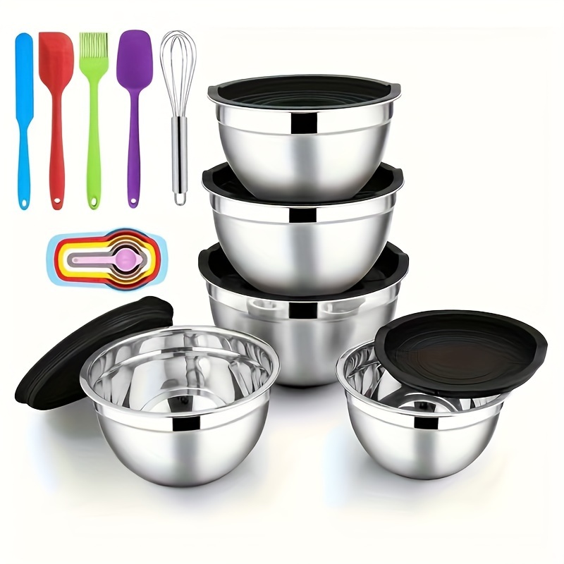 

5pcs, Stainless Steel Mixing Bowls Set With Lids And Bonus Kitchen Tools, Nesting For Easy Storage, For Baking, Serving & Food Prep, Dishwasher Safe