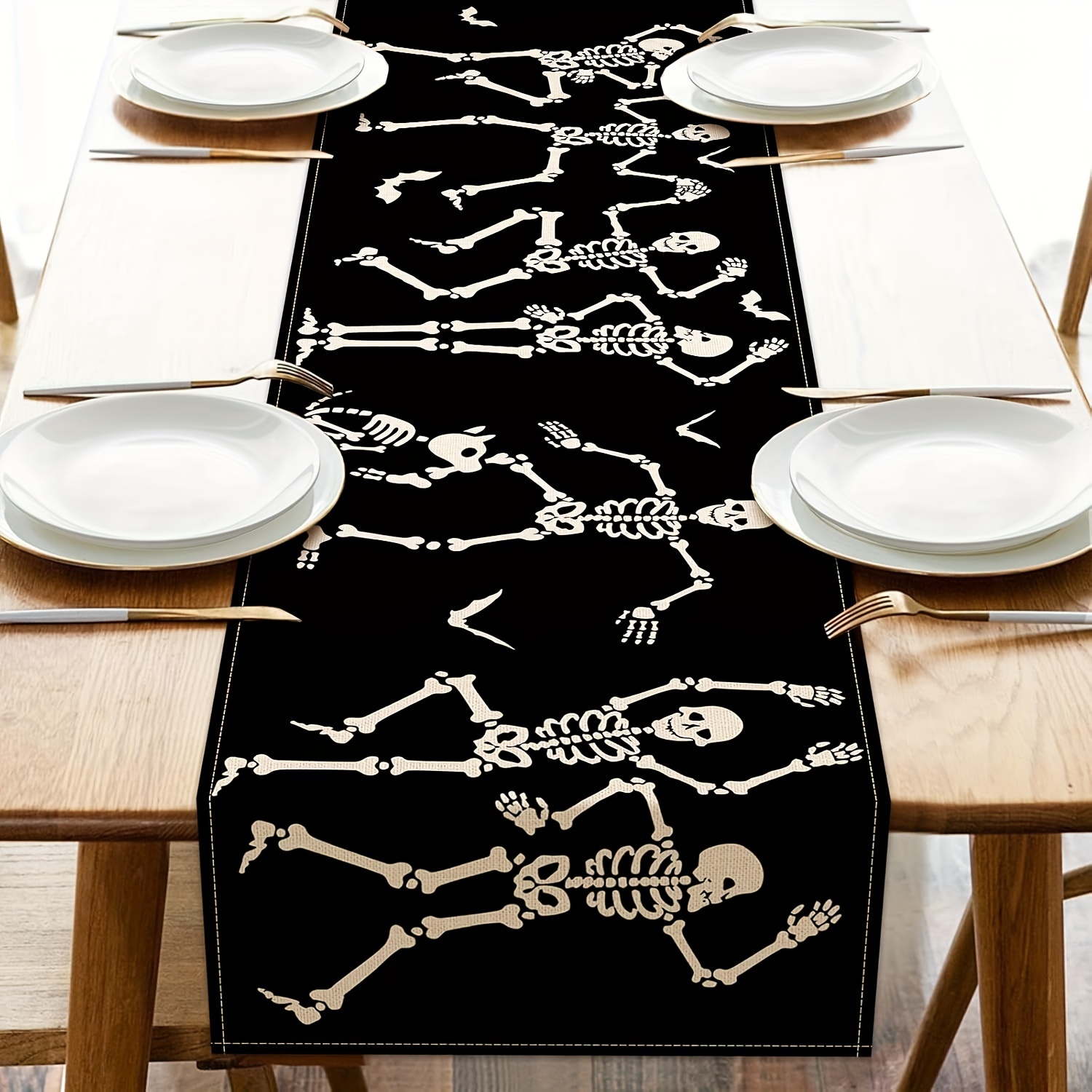 

Linen Table Runner - 100% Woven Linen Gothic Skeleton Design For Party Supply, Home Decor, Kitchen Dining Table Decoration, Funny Holiday Accessory 13x48/13x72/13x108 Inch - Jit, 1pc