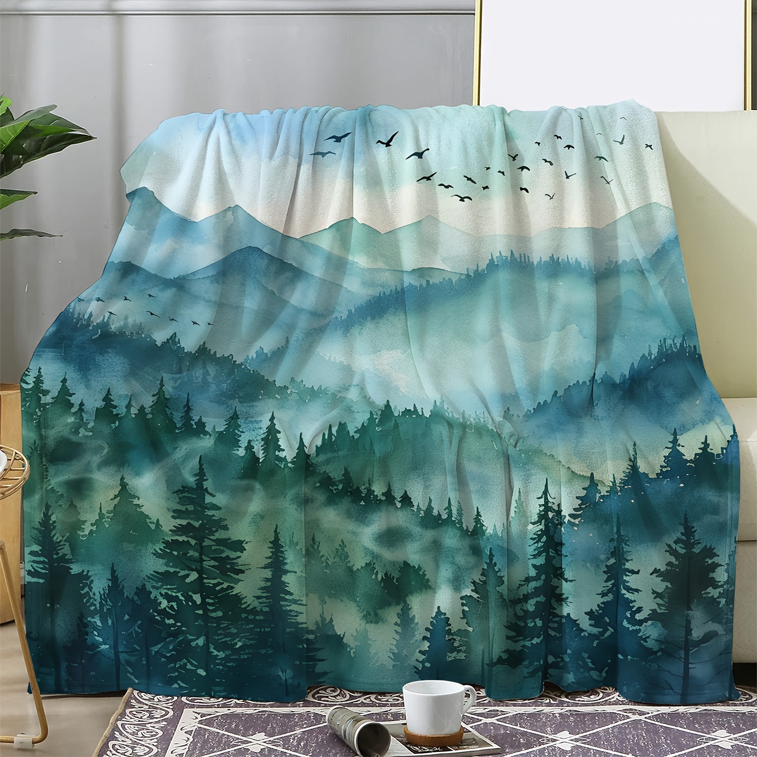 

Forest With Flying Geese Print Flannel Throw Blanket - All-season Comfort Soft Cozy Multipurpose Knitted Blanket For Sofa, Bed, Office, Camping, Travel - 100% Polyester, Digital Print, 250-300gsm