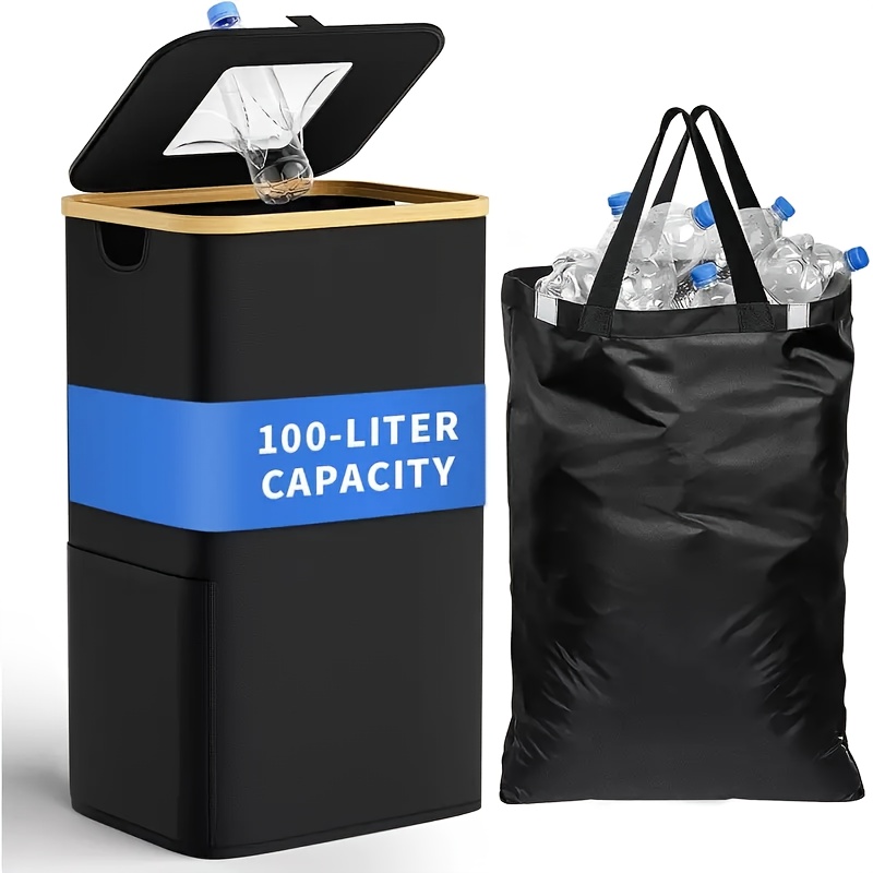 E-shop 100 Liter Zusammenklappbarer Flaschen-Recyclingbehälter mit Abnehmbarem Beutel - Großvolumiger Schwarzer Flaschenorganisator, Schmutzwäschekorb,