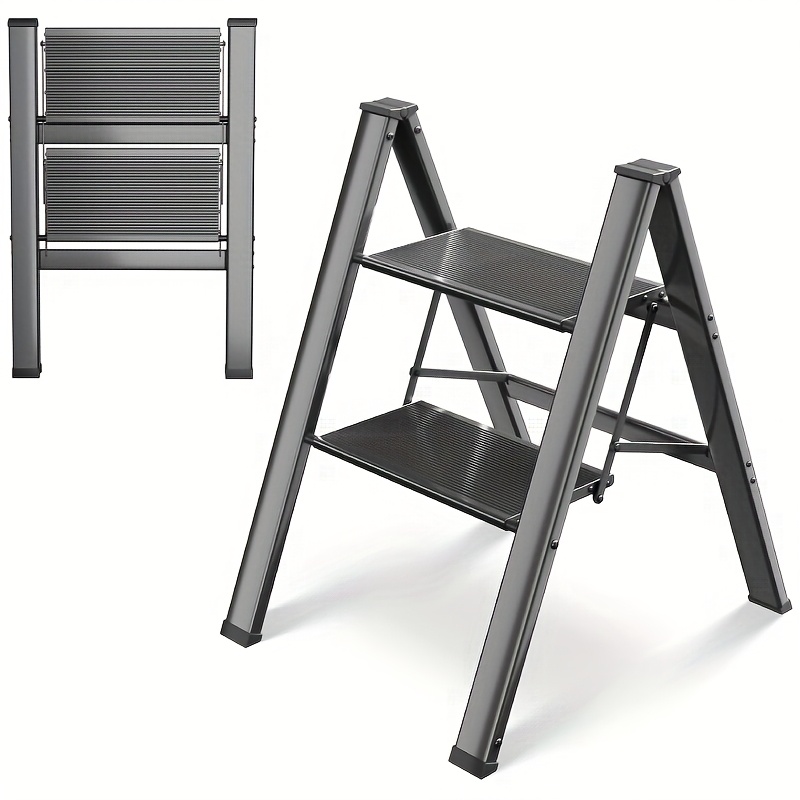 E-shop Schwarze Aluminium 2-Stufen Klappleiter - Rutschfest, Tragbar & Leicht für Zuhause, Küche, Bürogebrauch - Hält bis zu 150kg