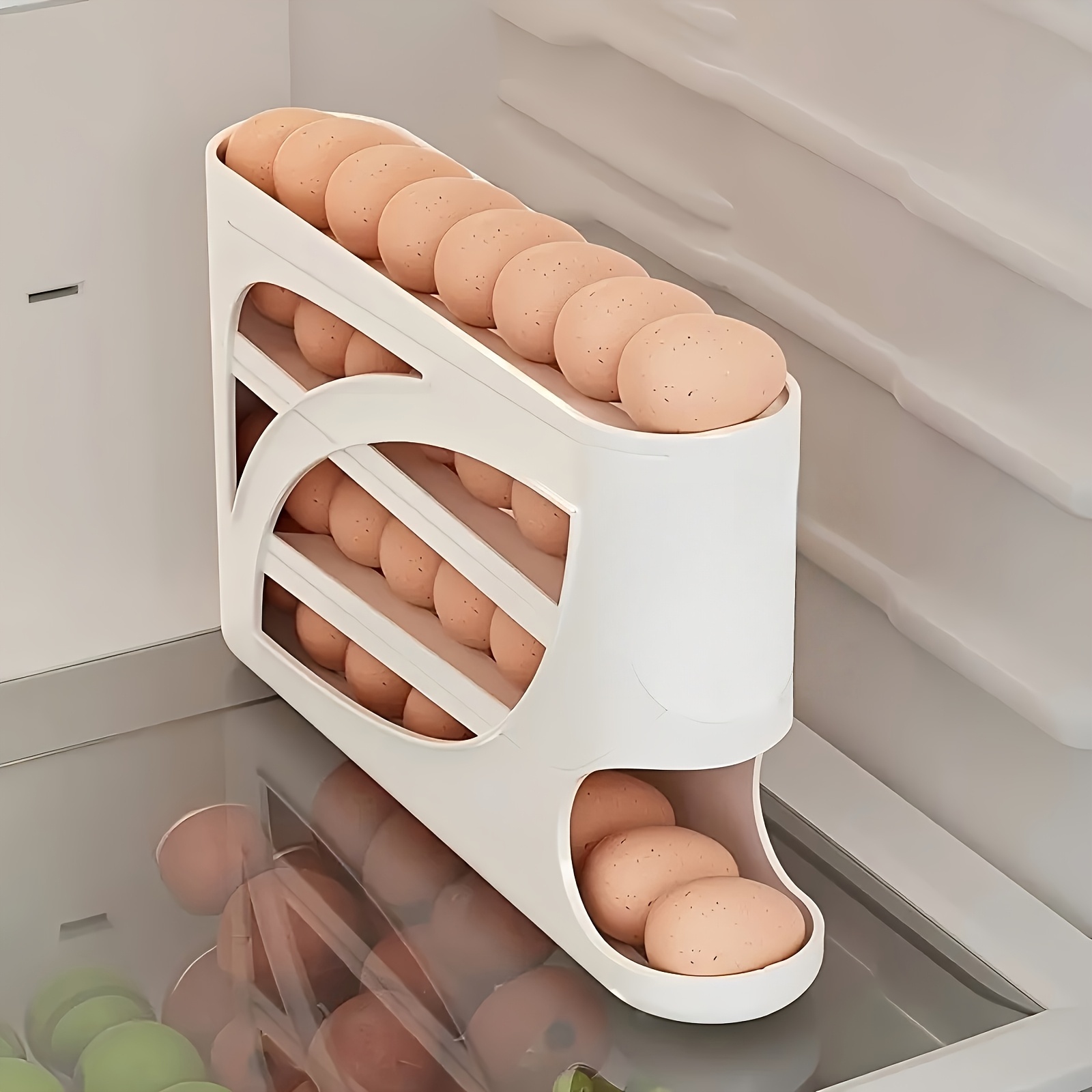 1pc egg storage organizer with auto- slots - space-saving egg rack for refrigerator door, multi-tier egg keeper with sliding design, beige/brown, heavy-duty plastic egg holder for freshness & organization - kitchen countertop or fridge organizer, , sturdy construction, organized households Product details 0