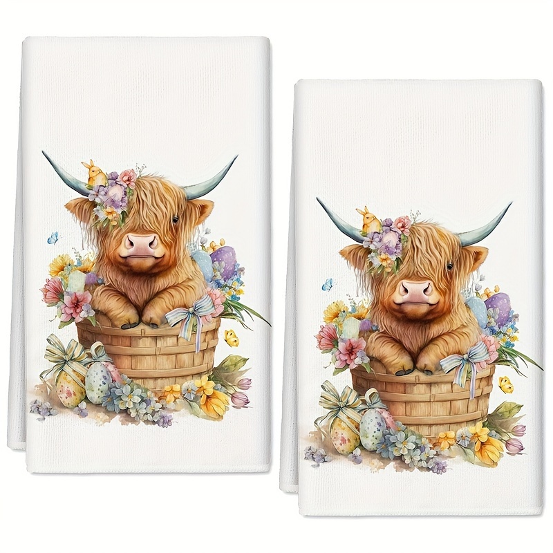 

Charming Highland Cow & Floral Kitchen Towels - 2 Piece, Ultra-soft Microfiber, Vintage Style, Hand Wash Only, Perfect For Cooking, Baking & Cleaning
