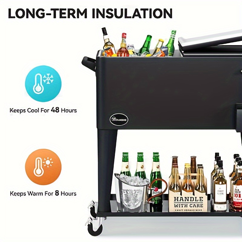 Yarsca Cooler Cart with Bottle Opener Drainage, Portable Patio Cooler on Wheels, Outdoor Beverage Cart Ice Chest Cart, Black