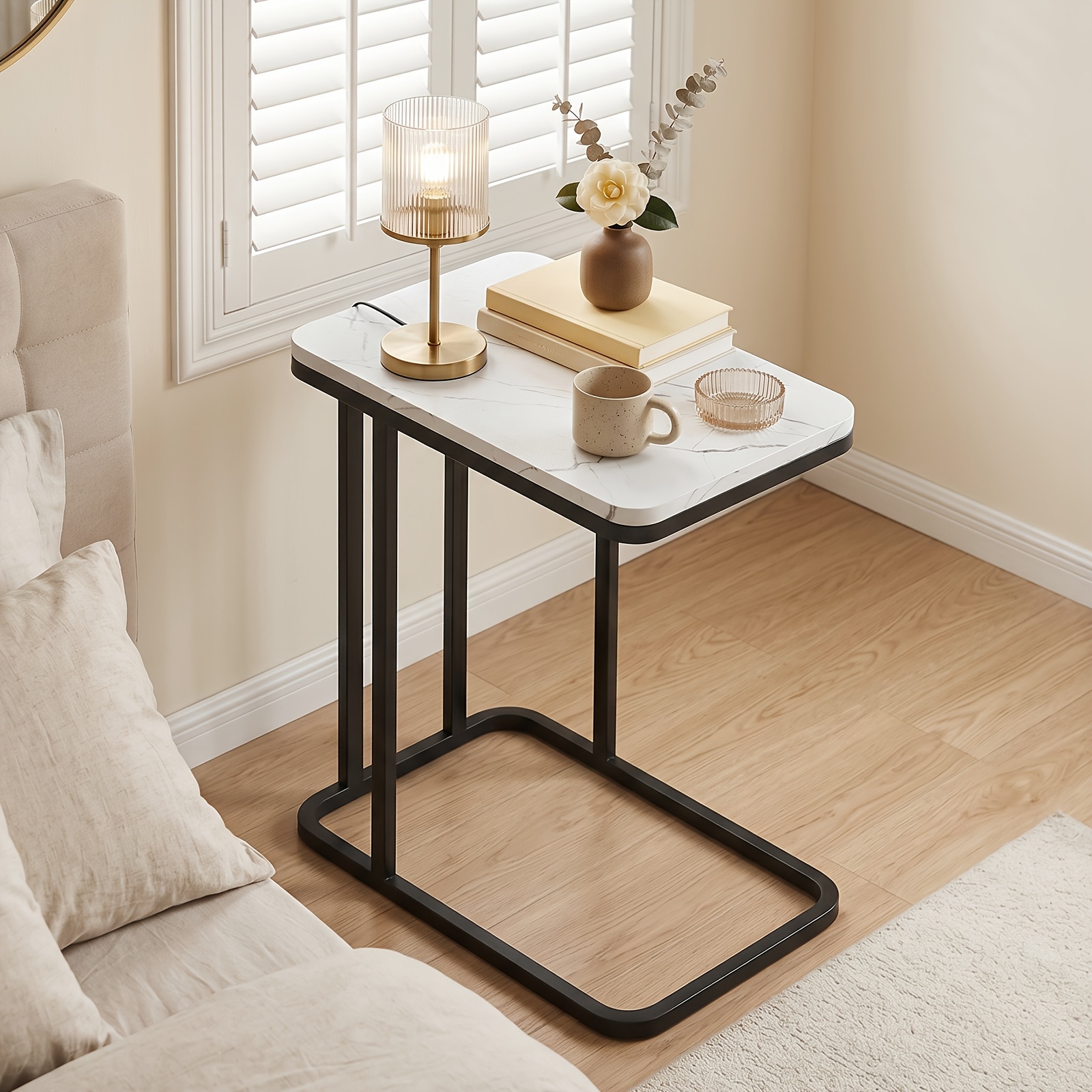 Side Table With Marble End, Space- Sofa Table, Easy-reach Storage, Easy-, Sturdy Metal Frame, Nightstand For Living Room Bedroom