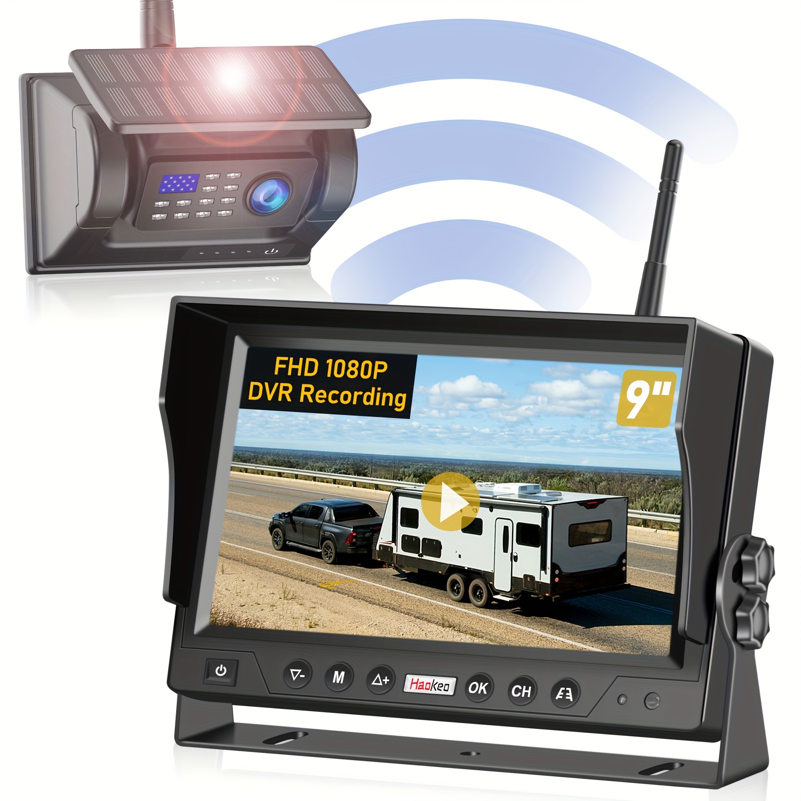 

Magnetic Solar Rv Trailer Wireless Backup Camera: Recording Hd1080p 9'' Dvr Monitor 3-mins Easy To Install Rechargeable Reverse Camera System For Hitching Gooseneck Horse Fifth Wheels Car Camper