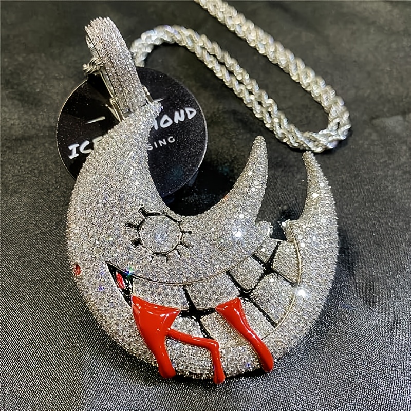 TEMU Men's Hip Hop Cuban Chain Necklace With Pendant - Cuban Link Chain & Shining Moon Pendant, Jewelry For Daily Wear, Parties, Valentine's Day Gifts, Edgy Accessory (no Plating Required)