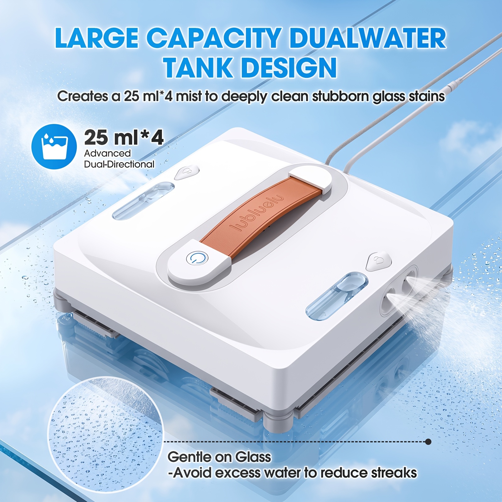 Lubluelu Upgrade Square Window Cleaning Robot, 11500pa Large Suction, Planning, 8-layer Safety , Edge Cleaning, Rag Washed And Used, Double-sided Double Nozzles, Water Volume Visualization