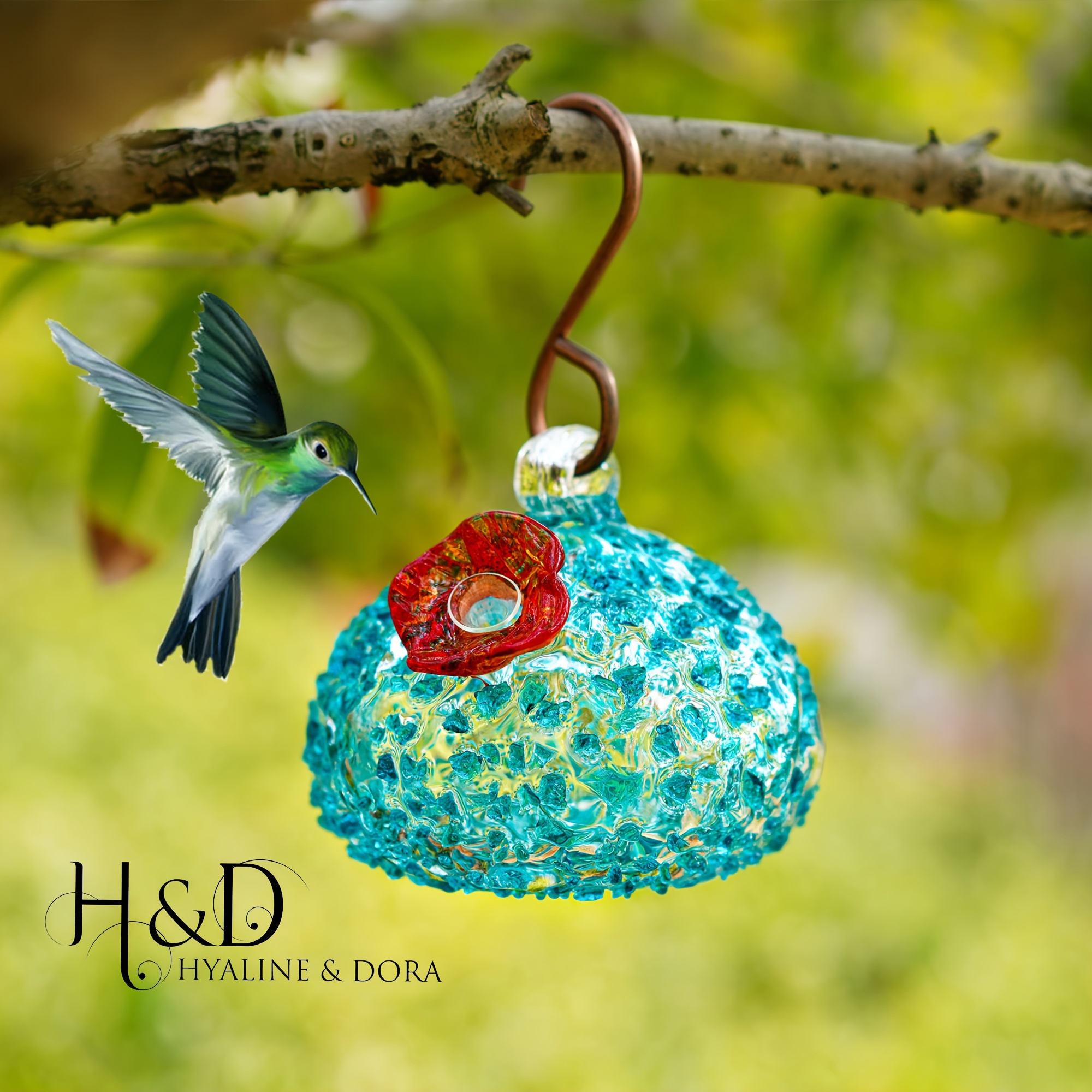 

H&d Hyaline& Hand Blown Blue Glass Hummingbird Feeders With Metal Hanging Hook Glass Hanging Birds Feeder Ornament Garden Yard Decor Gifts For Birds Lovers