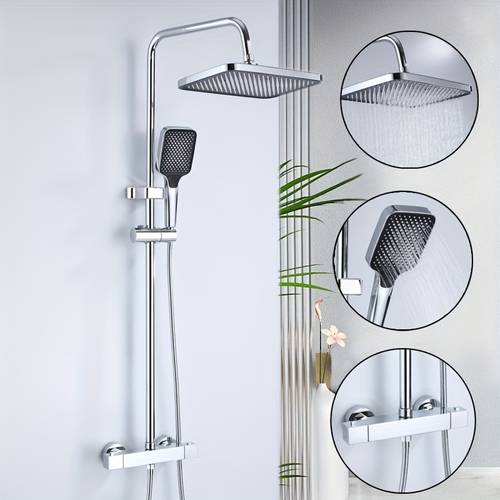 shower system with thermostat shower rain shower set shower fitting set with 12inch shower head with hose adjustable shower rail column with shower head and hand shower safety lock c chrome for shower use only