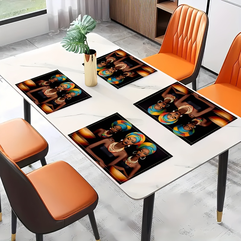 

4pcs African-inspired Placemats Set - Woven Polyester Table Mats For Kitchen And Dining Decor, Machine Washable Rectangular Mats For Home, Coffee Table, And Universal Holiday Use