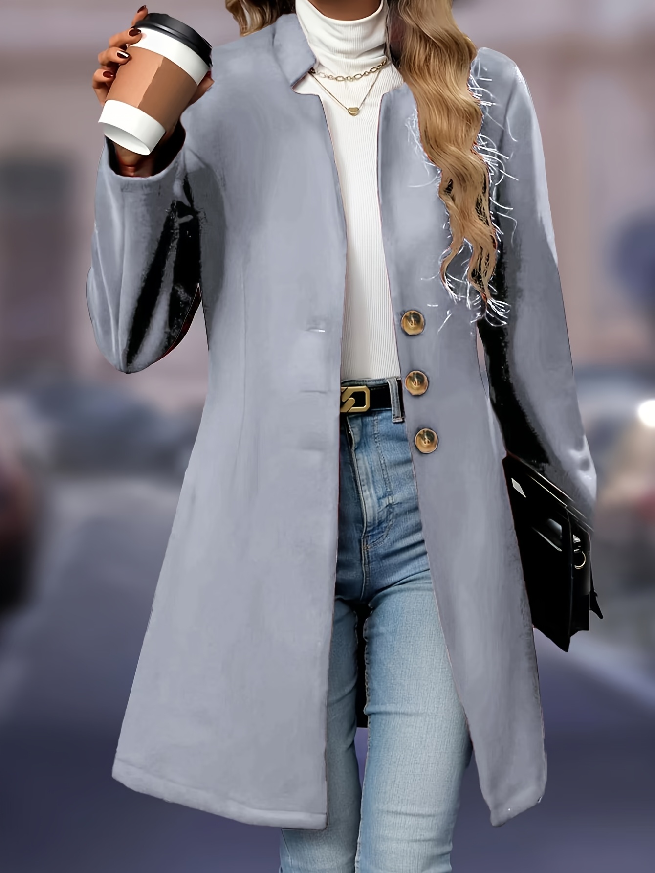 womens lightweight solid color tweed coat elegant single Temu Canada