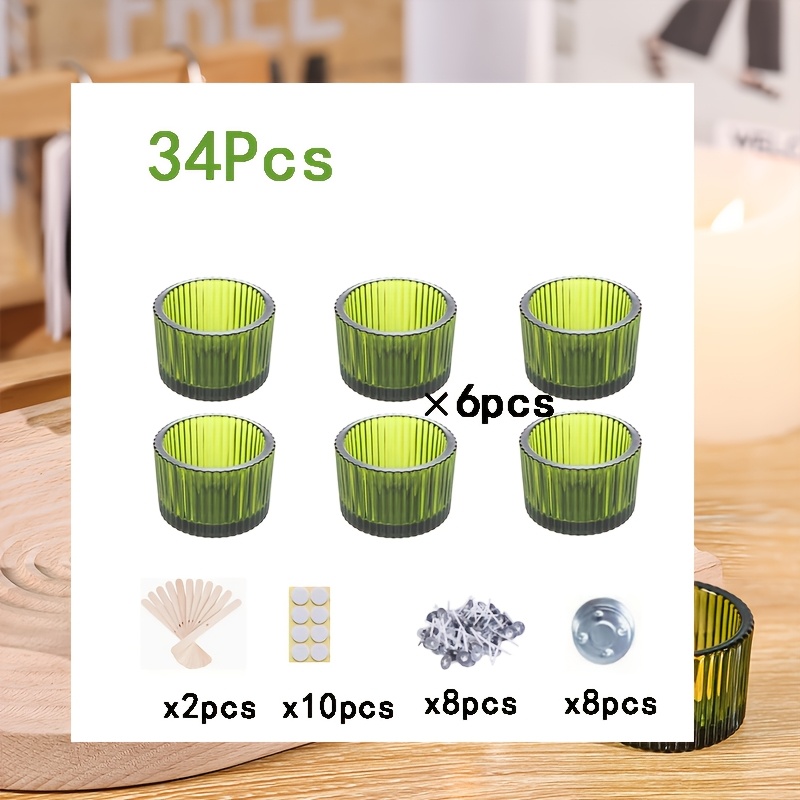 TEMU A 34pcs Green Striped Glass Candlestick Set With Accessories (including 6 Candlesticks + 28 Crafting Parts), Suitable For Decoration; Clear Tea