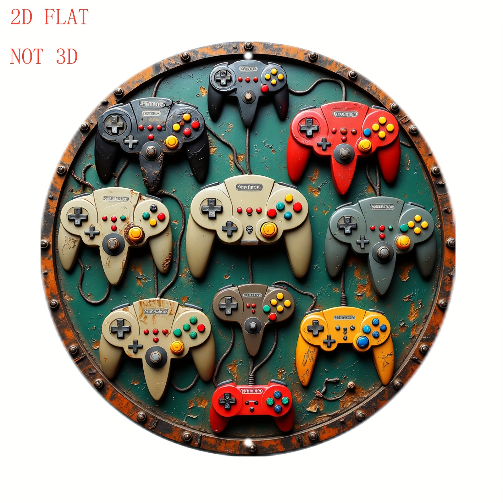 TEMU [2d Flat] 1pc Vintage Game Controllers Wall Art - Retro Gaming Decor With Classic Controllers, Metallic Finish - Hooks For Living Room, Game