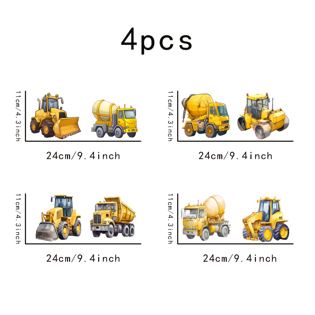 Image of A Set Of 4 Themed Uv Transfer For Excavator And Loader Series, Featuring Designs Of , Excavators, Loaders, And Rollers. Waterproof Self-adhesive Are Suitable For 16-ounce Glass Cups, Easy To Apply
