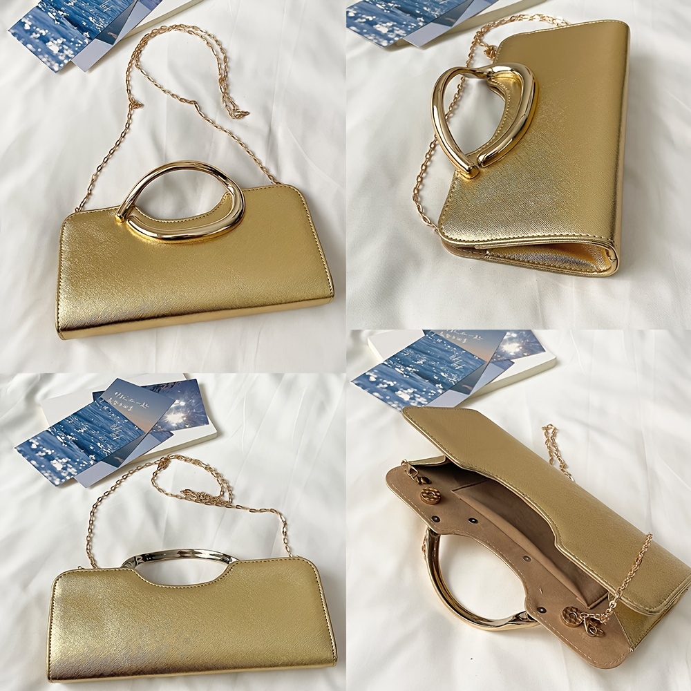 Elegant Metallic Handbag with Oval Metal Handle and Chain Strap