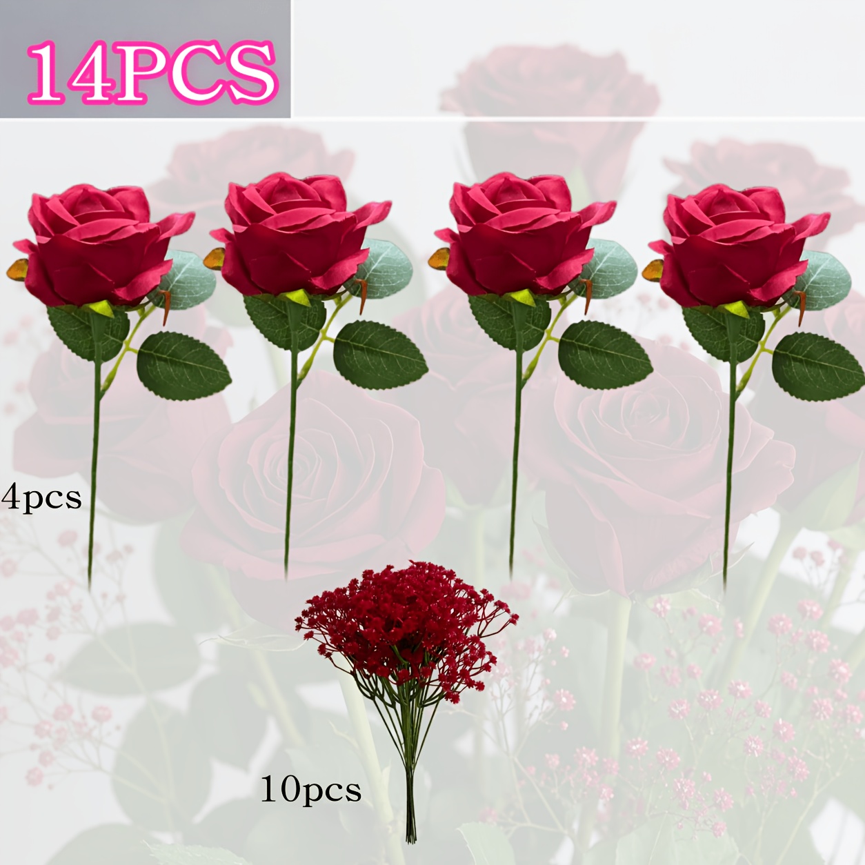 TEMU 14-stem Bouquet - Realistic Artificial Roses And Baby's Breath, Multi-colored Long-stem Fake Flowers With Vibrant Mixed Hues And Natural Leaves.