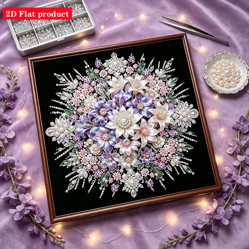 TEMU Peinture diamant 2D plate style bijou, lys, perle, luxe léger, fleur entière, diamant , kit de peinture diamant , cadeau artisanal mosaïque,