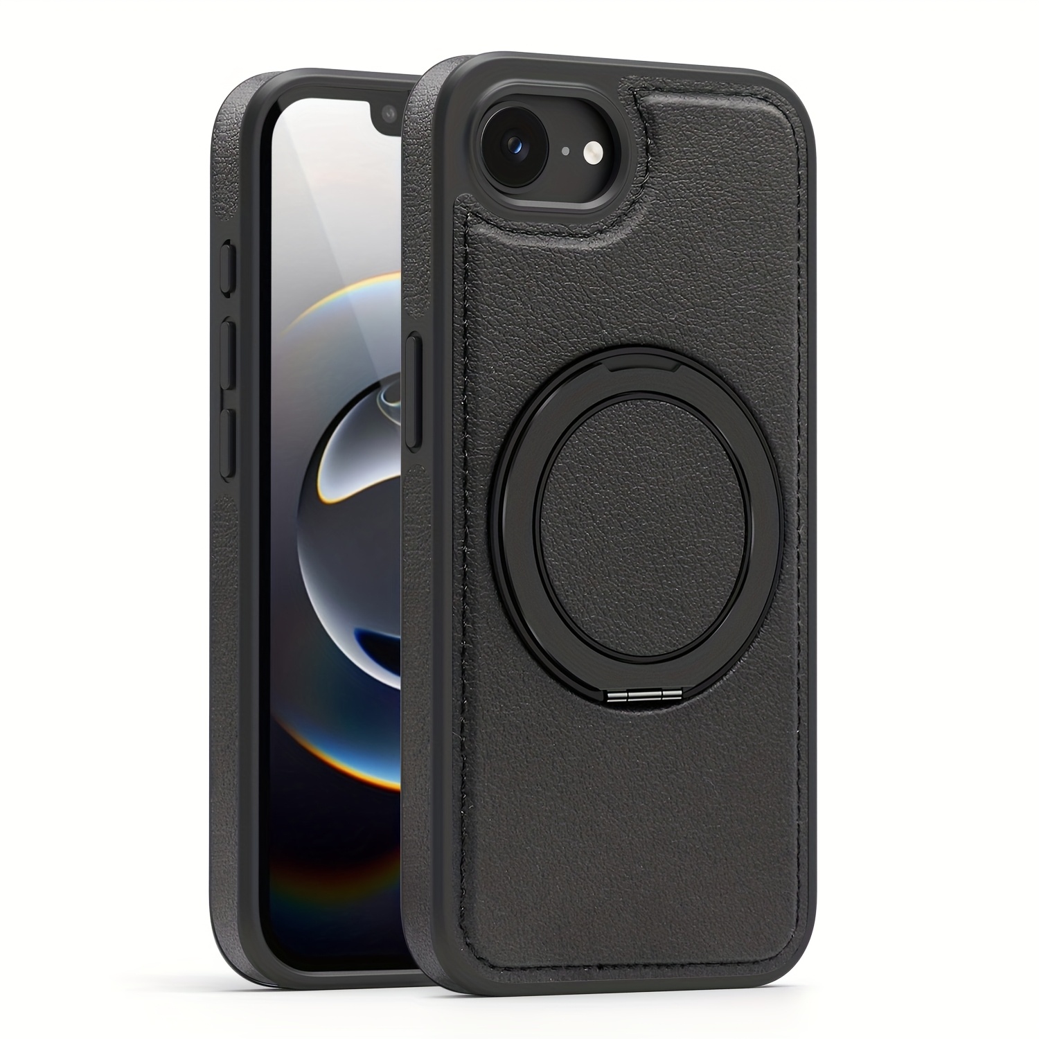 TEMU Black Business--degree Rotating Stand Phone Case Suitable For Iphone 16e, Made Of High-quality Synthetic Leather, Elegant And Textured.