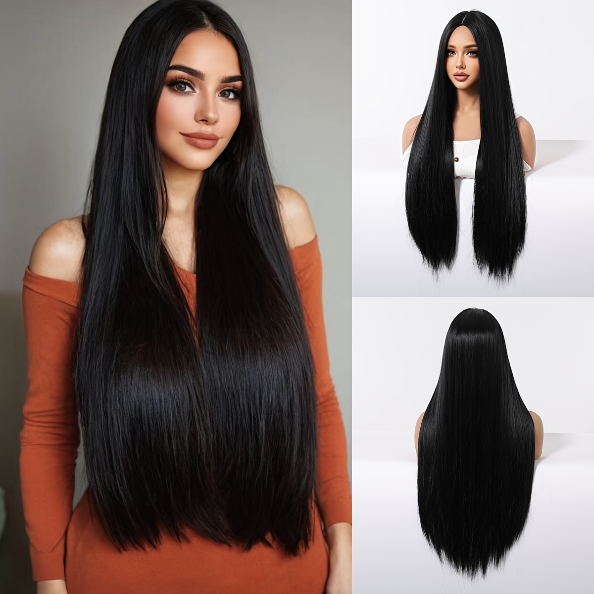 

30-inch Ombre Black Long Straight Wig For Women - Soft, Heat Resistant Synthetic Hair With Middle Part, &